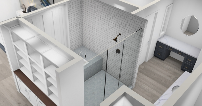 3D rendering of a bathroom remodel with tile walk-in shower and navy vanity