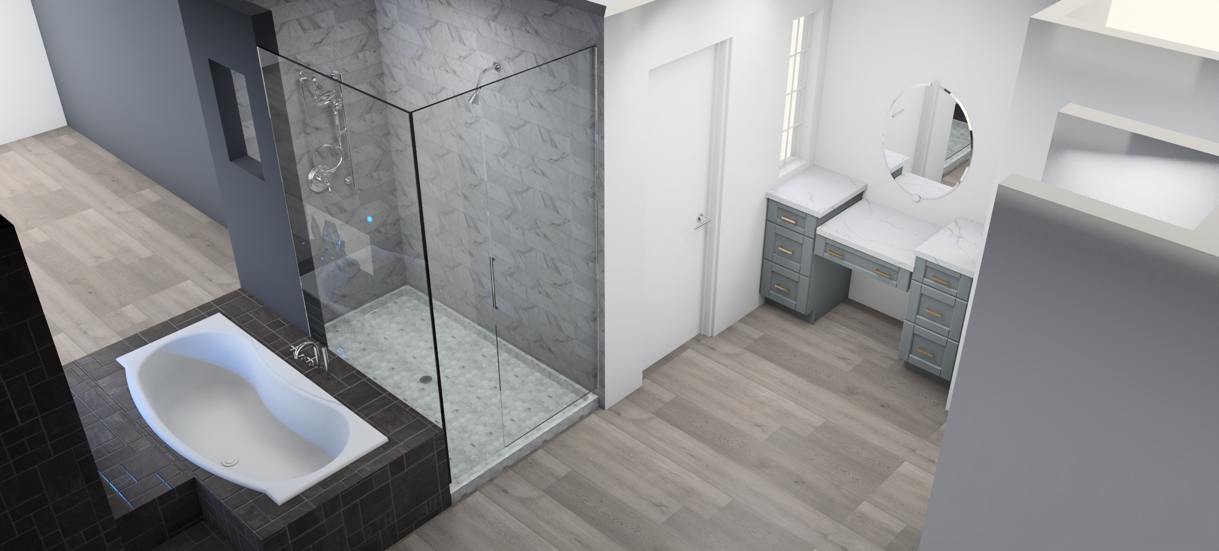 3D rendering of the planned master bathroom showing the new tub deck, glass shower and makeup vanity