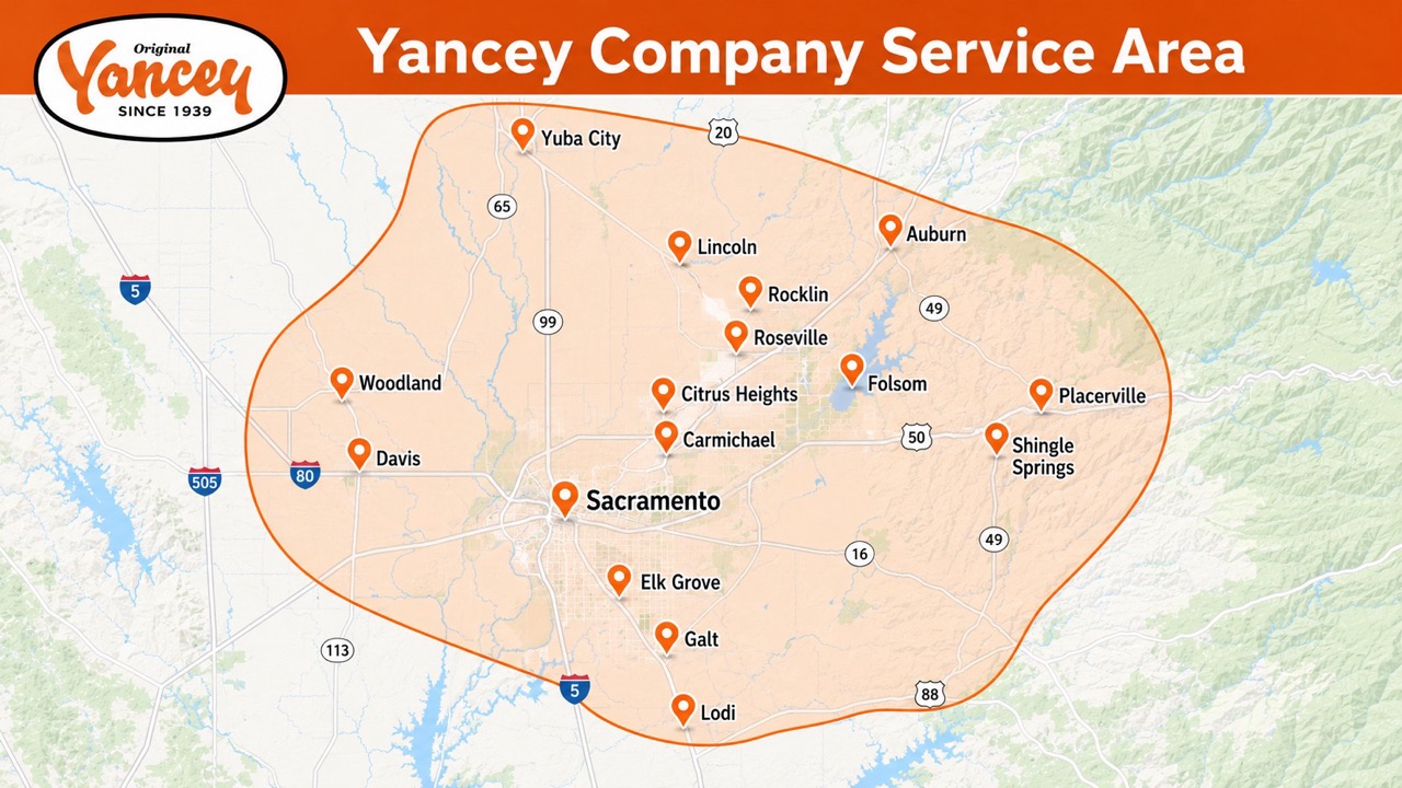 Map of the Yancey Company service area across greater Sacramento, from Yuba City to Lodi and Davis to Placerville